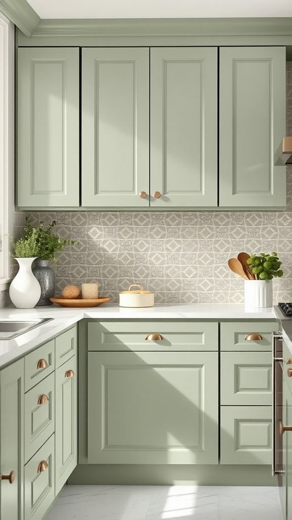 13. Sage Cabinets with Eye-Catching Backsplash