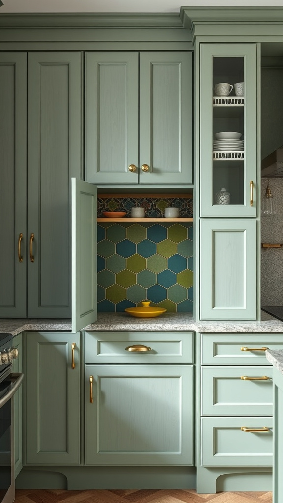 19. Sage Cabinets with Unexpected Pops of Color