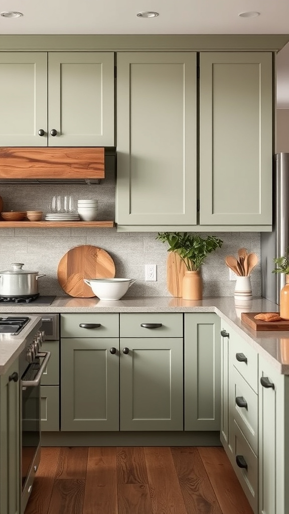 21. Serene Sage Cabinets with Natural Wood