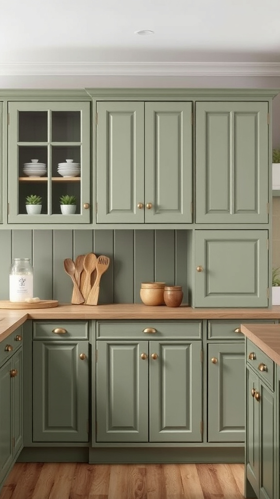 3. Rustic Sage Cabinets with Vintage Flair