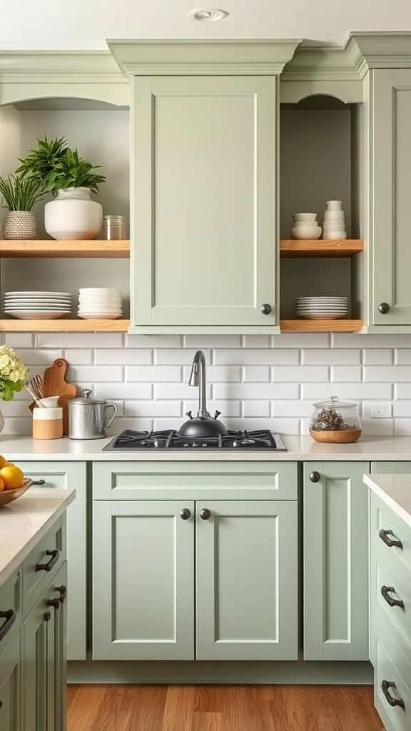 6. Chic Sage Cabinets with Open Shelving