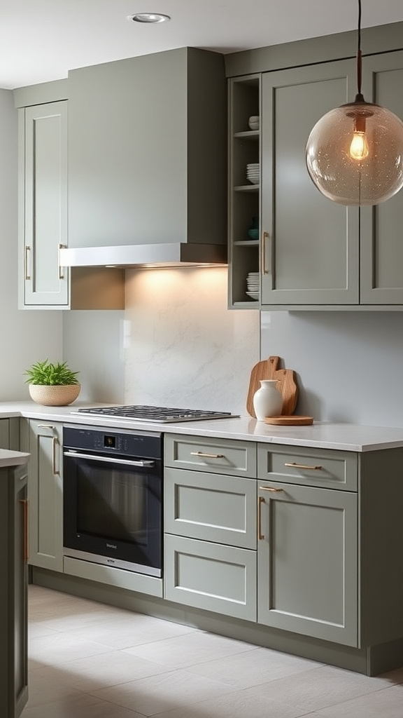 7. Sleek Sage Cabinets with Minimalist Touch