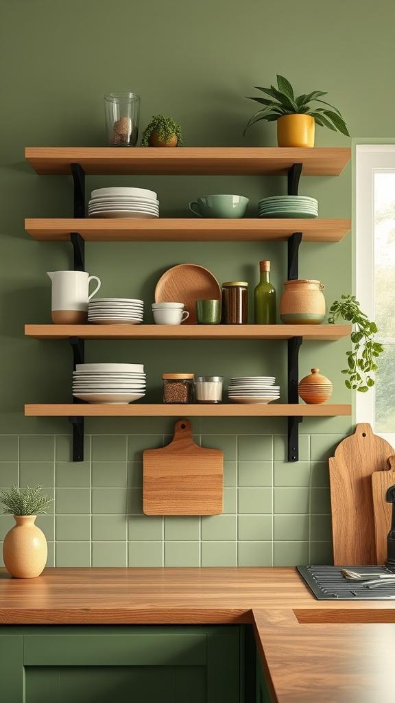 20. Balanced Olive Green Open Shelves